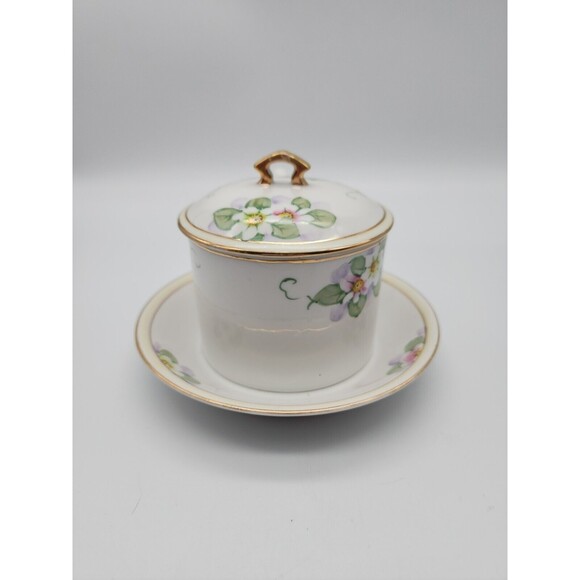 VTG Nippon Hand Painted Sugar Bowl w Attached Under Plate & Spoon Floral Design - Picture 2 of 12